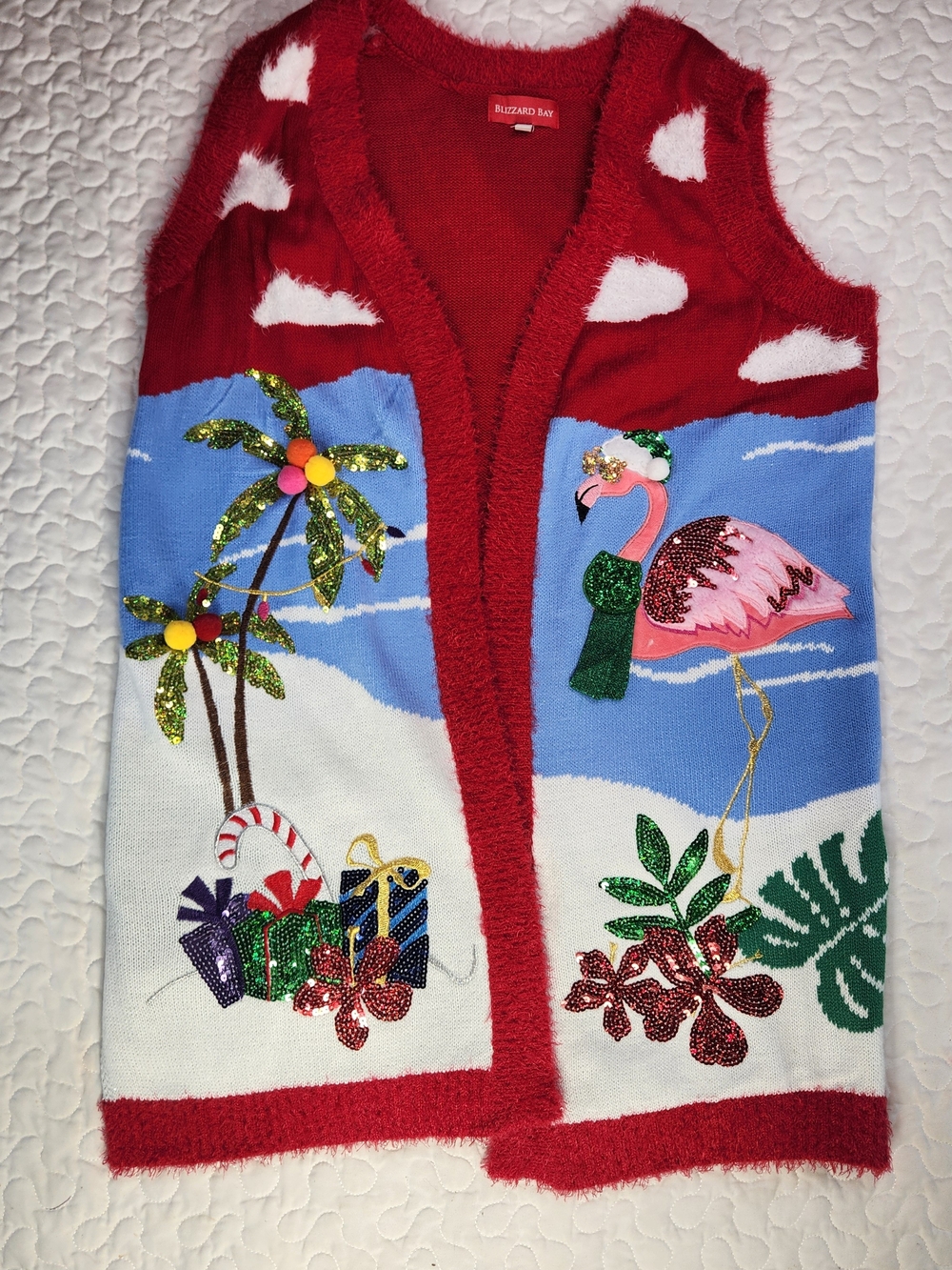 Tropical Flamingo SEQUIN Holiday Open Vest Bling 3D Palm Tree Gifts Florida med.